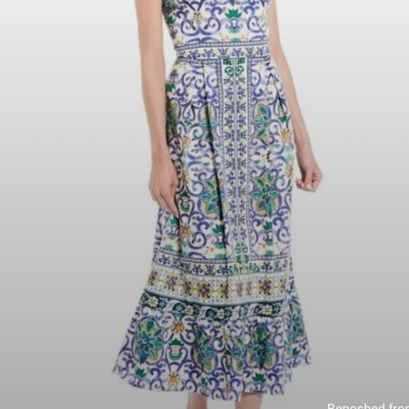 ANTONIO MELANI Paige Blue White Green Tile Italian Print Sz 0 - Picture 3 of 4